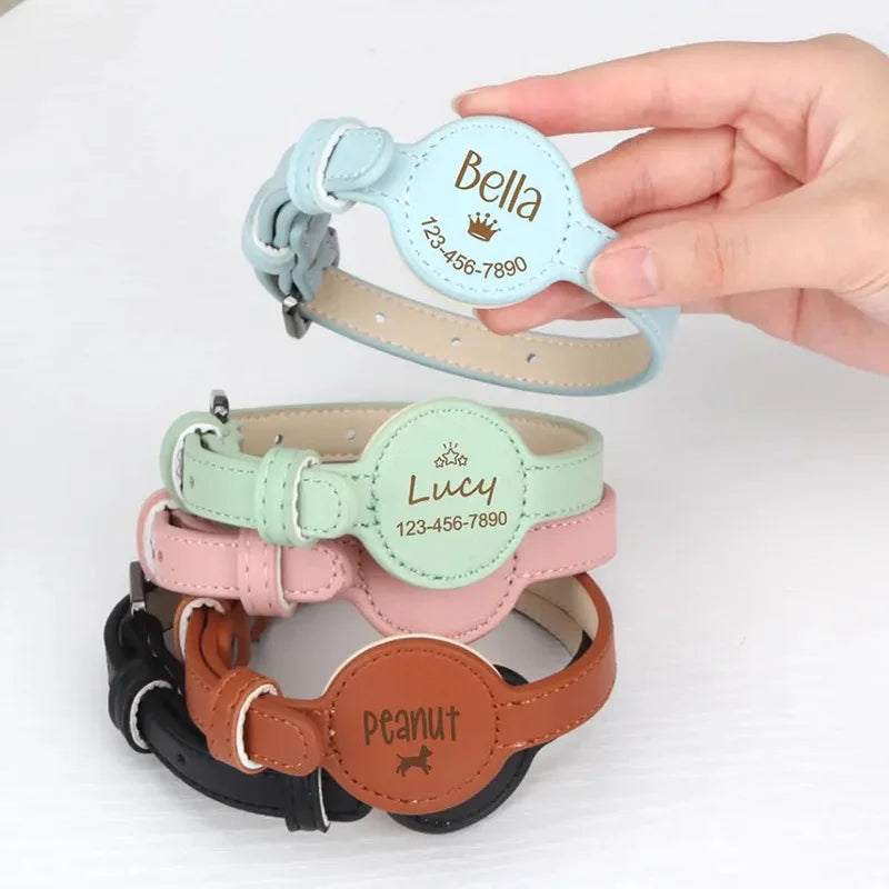 Personalized Leather Anti-lost Dog Collar, Leather Dog Collar, Engraved AirTag Mount for Dog and Cat Collar, Custom Dog ID Tags