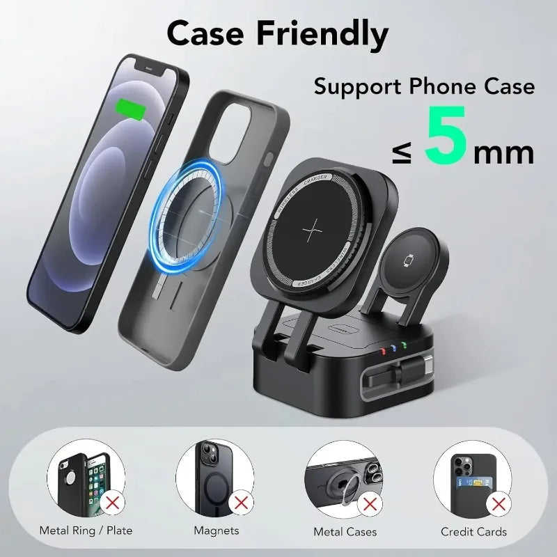 Magnetic 3 in 1 Wireless Charger Station With Extension Cords for iPhone 17 16 15 14 13 12 iWatch 11-2 Airpods Pro Fast Charging