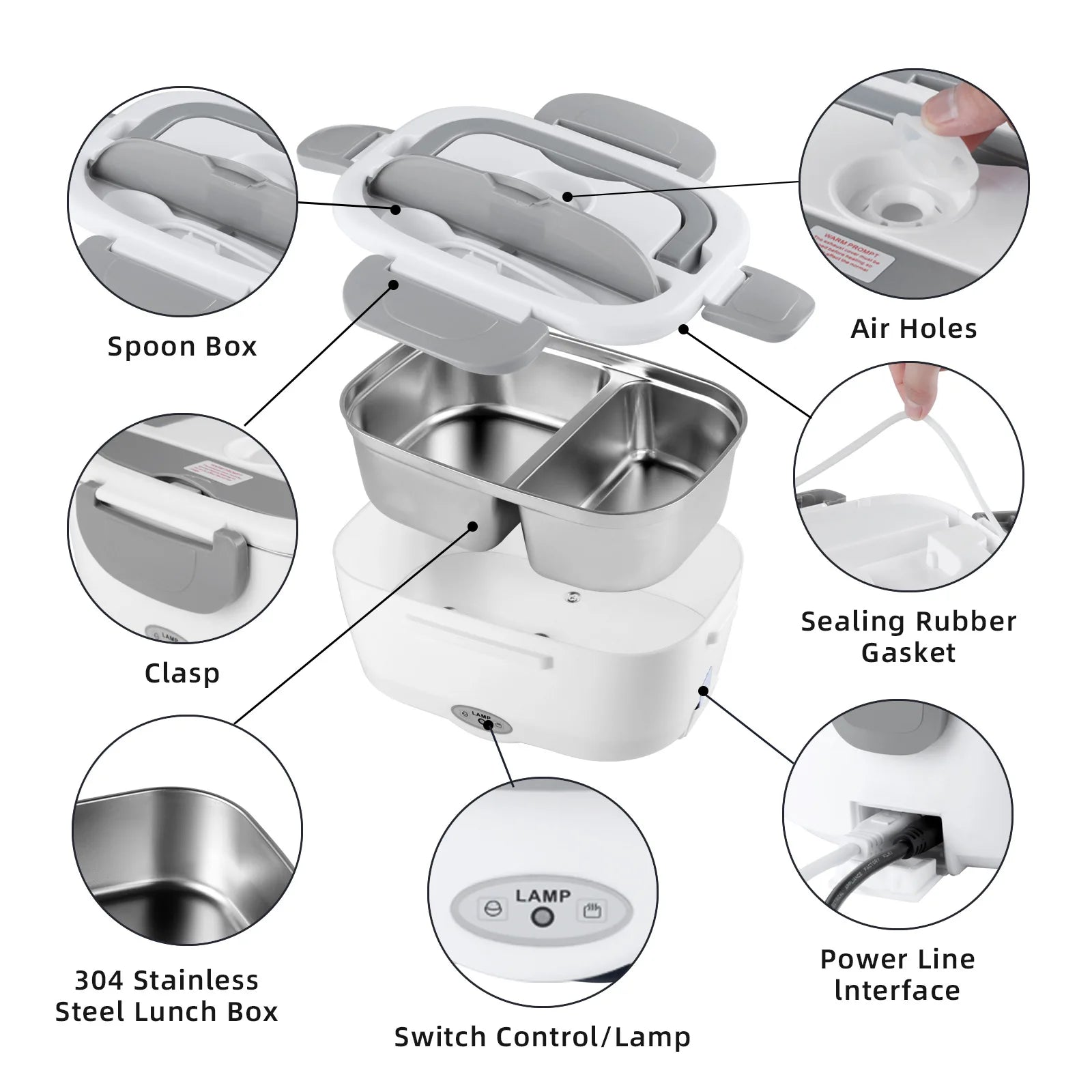 Stainless steel safe 220V electric lunch box food heating container, portable insulated lunch heater