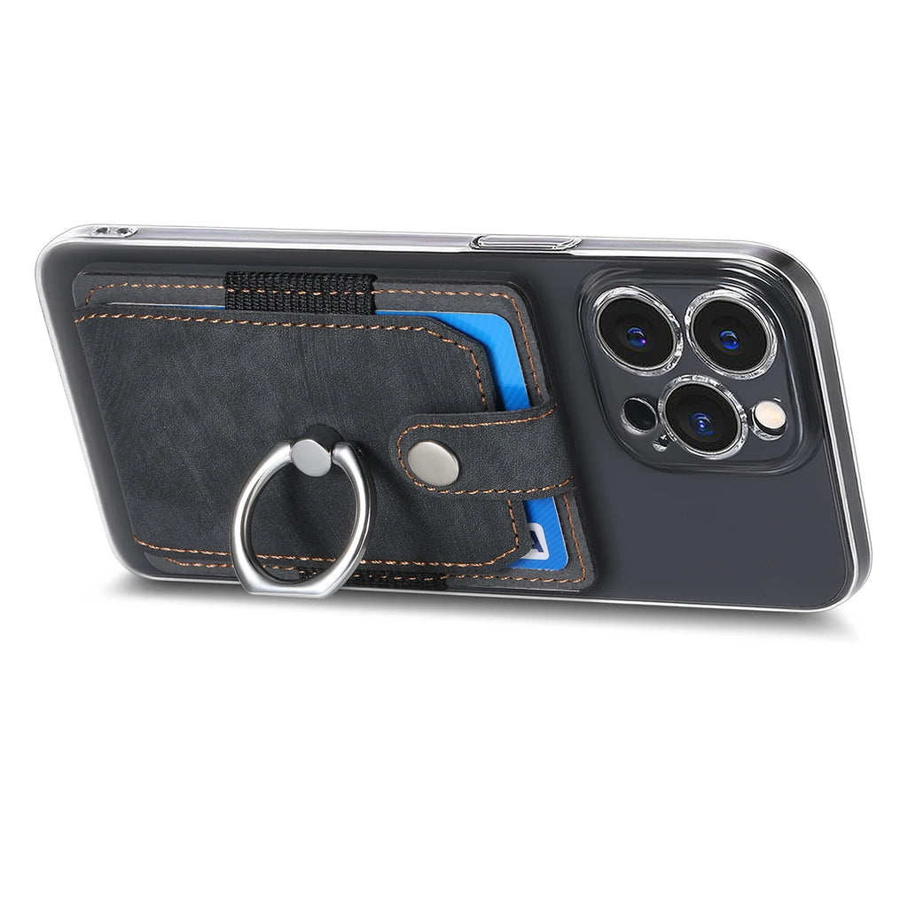 Phone Holder Wallet Case Card Slot Holder PU Leather Back Sticker Adhesives With Ring Stand For Mobile Phone iPhone Samsung