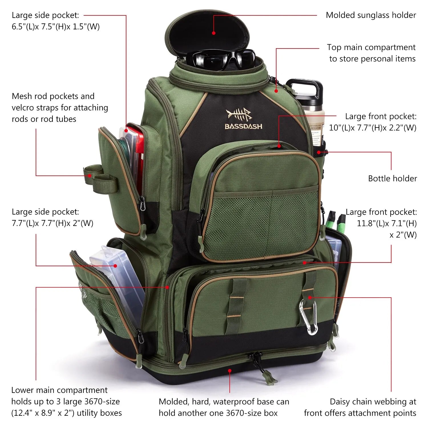 Bassdash Multifunctional Fishing Tackle Backpack Lightweight Tactical Soft Tackle Box with Protective Rain Cover