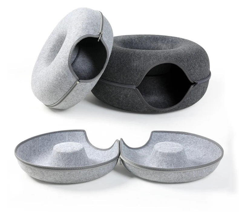 Interactive Round Cat Tunnel Donut Nest Felt Kittens Bed House Scratcher Sleeping Cushion Pet Toy for Cats
