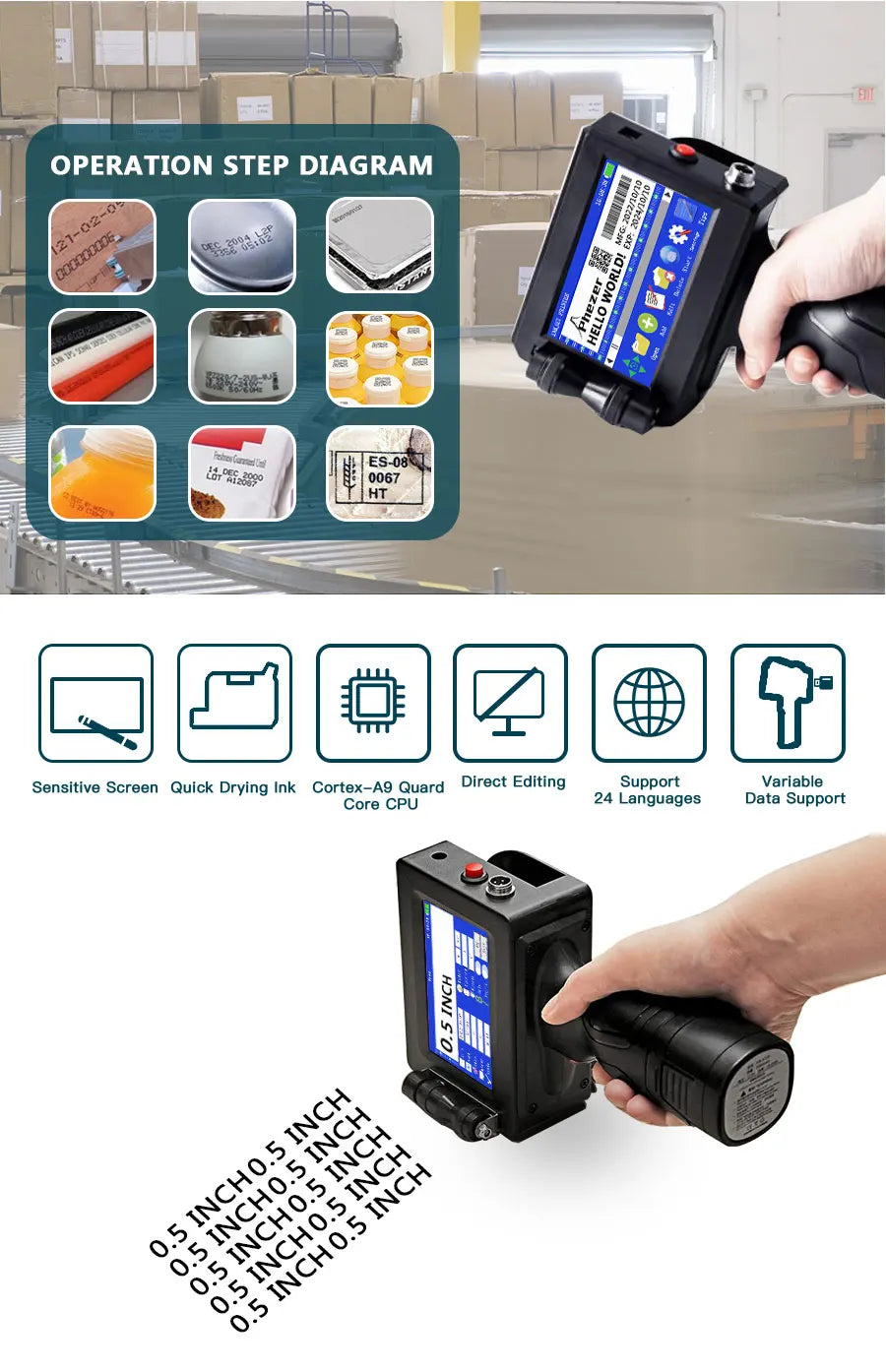 Phezer P15 QR Bar Batch Code Date Number Logo Expiry Date Label Printer 12.7mm Handheld Inkjet Printer 28 Languages Portable