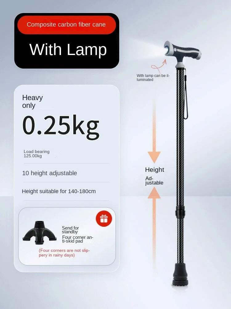 Carbon Fiber crutches for Walking Stick with Light Elderly Hiking Cane Night Lighting Stretchable cane with lamp for Walking Saf