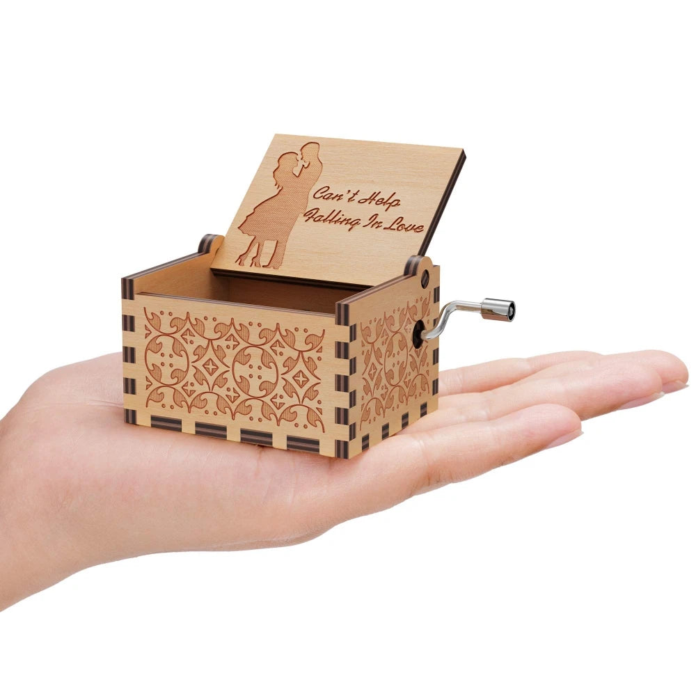 Vintage Engraving Wooden Music Box Hand-cranked Music Box Can't Help Falling in Love Music Box Wife Birthday Valentines Day Gift