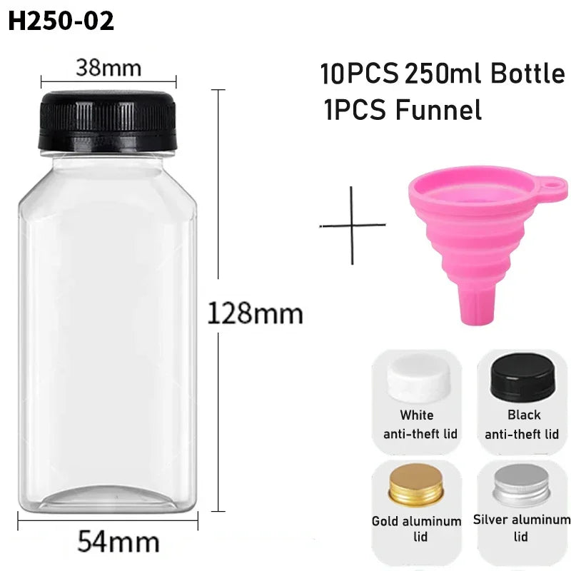 10pcs 60ML-500ML Clear Empty Plastic Juice Bottles with Caps Reusable Water Bottle Juicing Smoothie Containers W/ Funnel