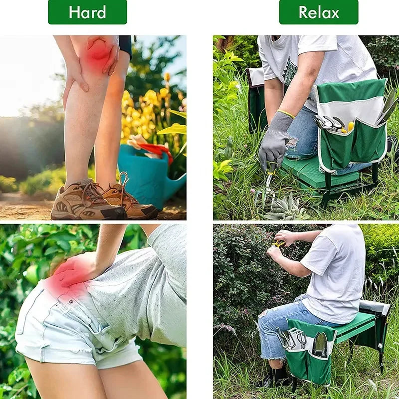 Garden Kneeling Stool with Tool Pouch 2-in-1 Portable Seat Knee Pad Outdoor Gardening Chair with Pockets