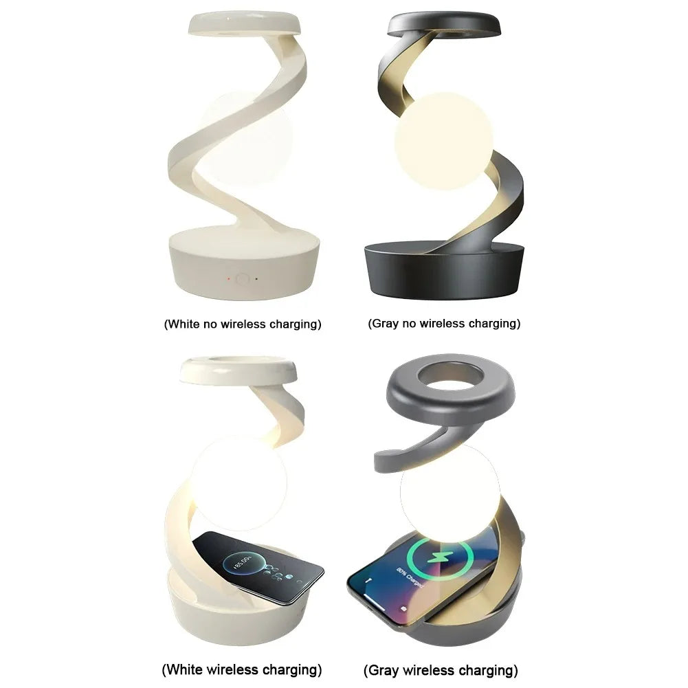 LED Moon Mood Light Suspended Rotating RGB Atmosphere Desk Lamp with Wireless Mobile Charging Bedroom Game Room Decorative Light