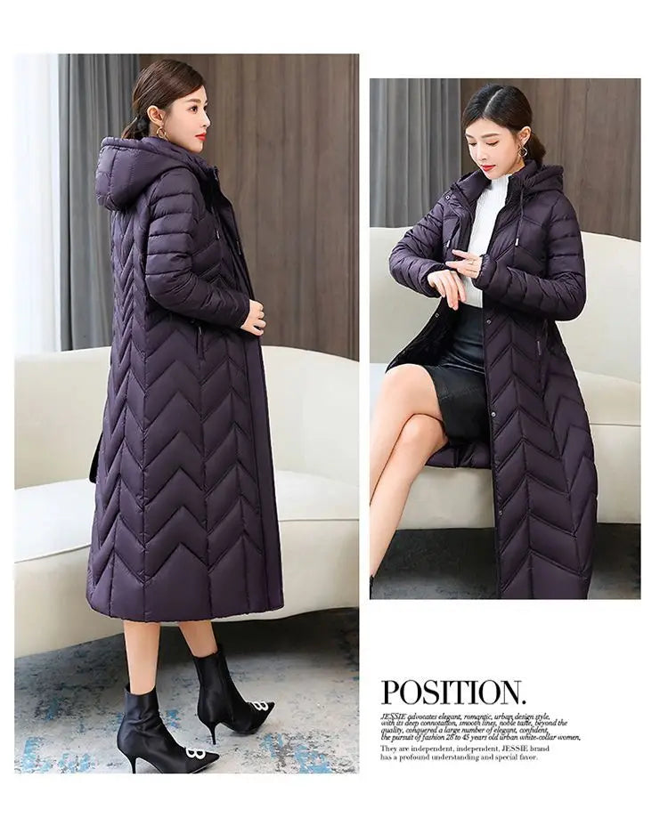 2025 NEW Winter Hooded Down Jacket 5XL Women's Warm Parka Fashion Down Cotton Women Long Coat Slim Temperament Female Overcoat