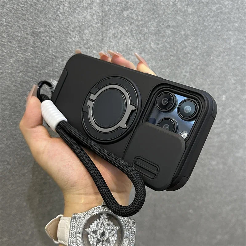 Armor Magnetic Bracket Case for iPhone 16 14 13 12 11 15 Pro Max Plus With Lanyard Slide Camera Protection Shockproof Cover