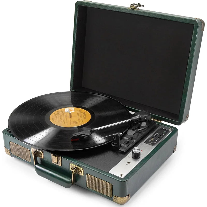 Vinyl Record Player P01，3-Speed Bluetooth Suitcase Portable Belt-Driven Record Player with Built-in Speakers RCA Out AUX in