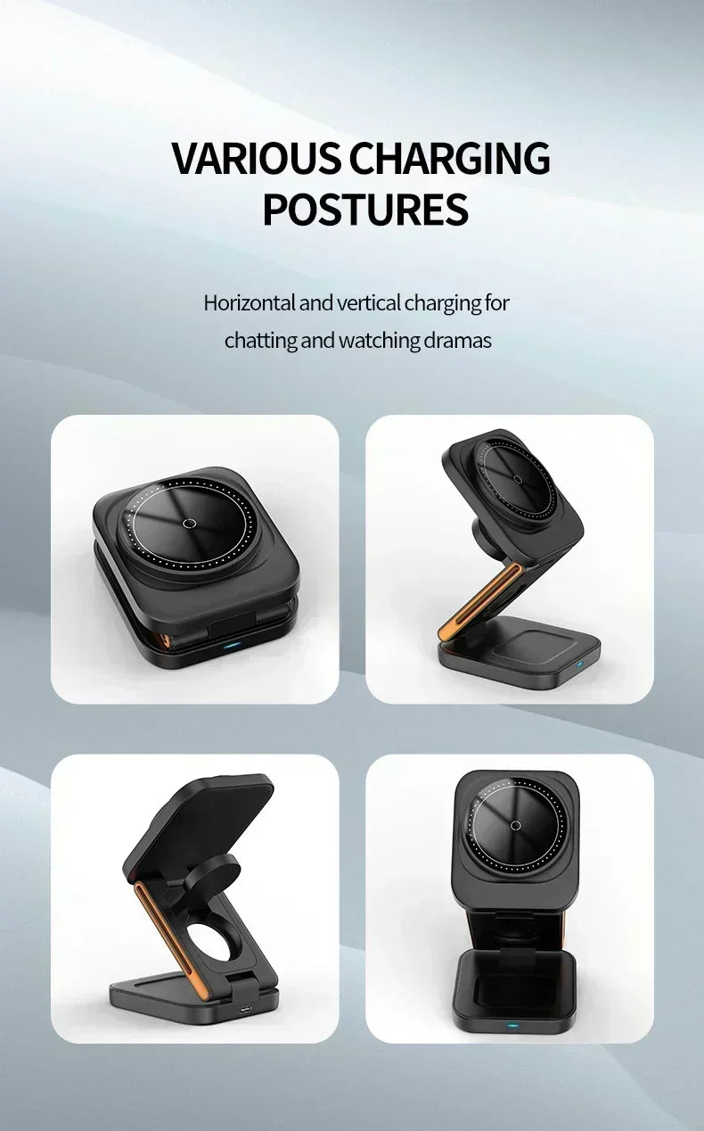 3 in 1 Foldable Magnetic Wireless Charger Stand 100W Fast Charging Station for iPhone 16 15 14 13 12 iWatch 10-2 Airpods Pro Max