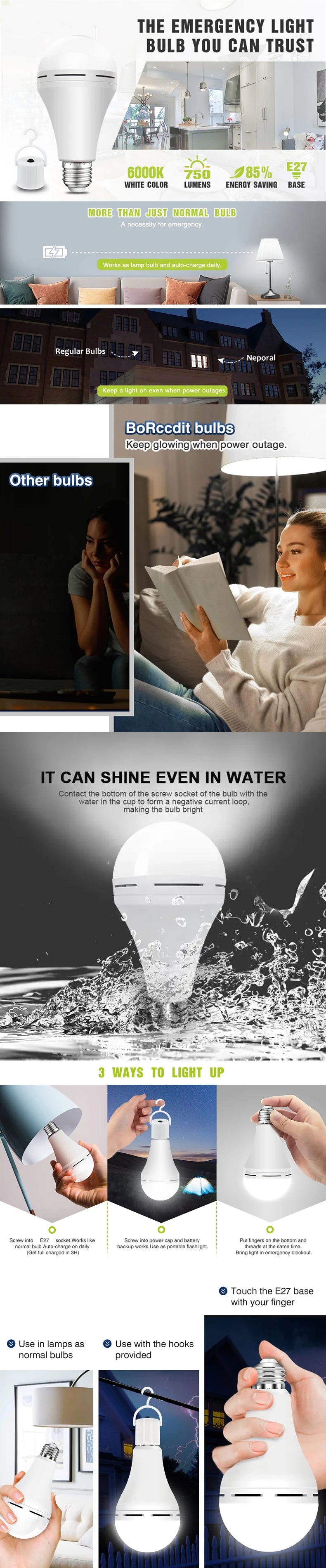 7W/9W/12W/15W Emergency Light Bulb LED Handheld Hanging Charging Energy-Saving Light Bulb Portable Household Tent Fishing Lamp