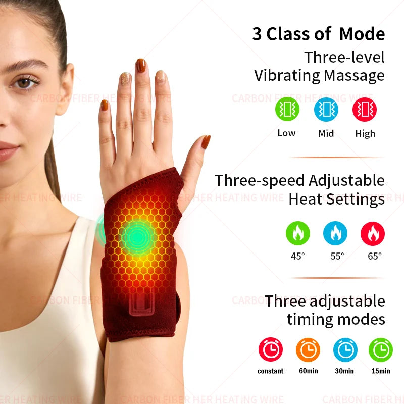 Carbon Fiber Heated Wrist Brace with Vibration Massager Relieves Arthritis, Tenosynovitis, Wrist Joint Sports Strain Recovery