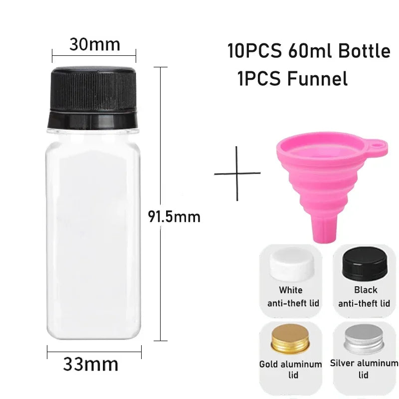 10pcs 60ML-500ML Clear Empty Plastic Juice Bottles with Caps Reusable Water Bottle Juicing Smoothie Containers W/ Funnel