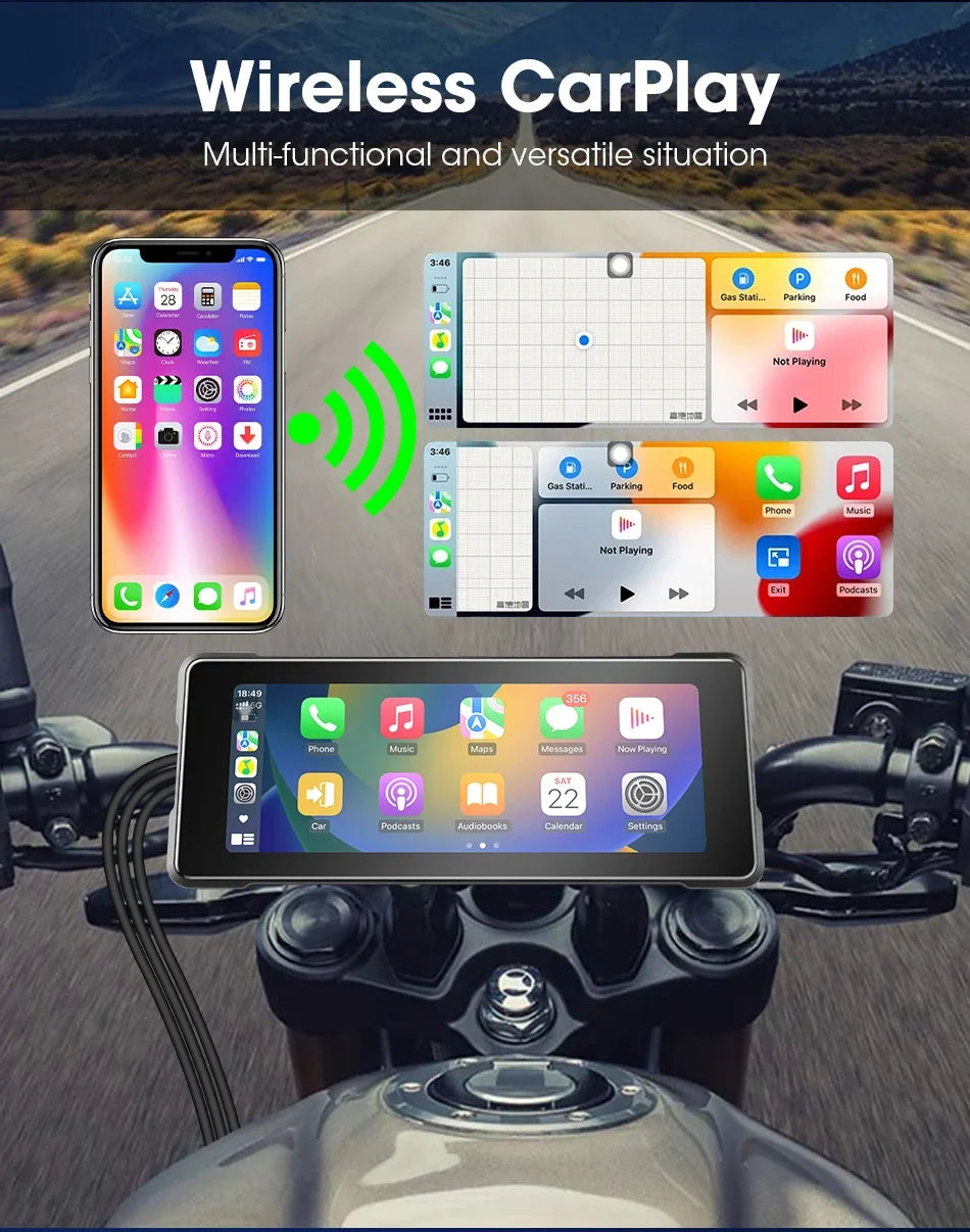 Srnubi 7 Inch Motorcycle Portable Navigation GPS Wireless Carplay Android Auto IP67 Waterproof Motorcycle Touch Screen Display