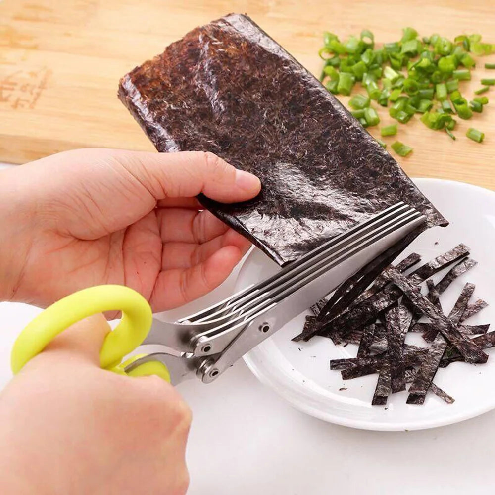 Herb Scissors  Stainless Steel 5 Blade Kitchen Shears Household Vegetable Cutter with Cover Multifunctional Kitchen Gadgets