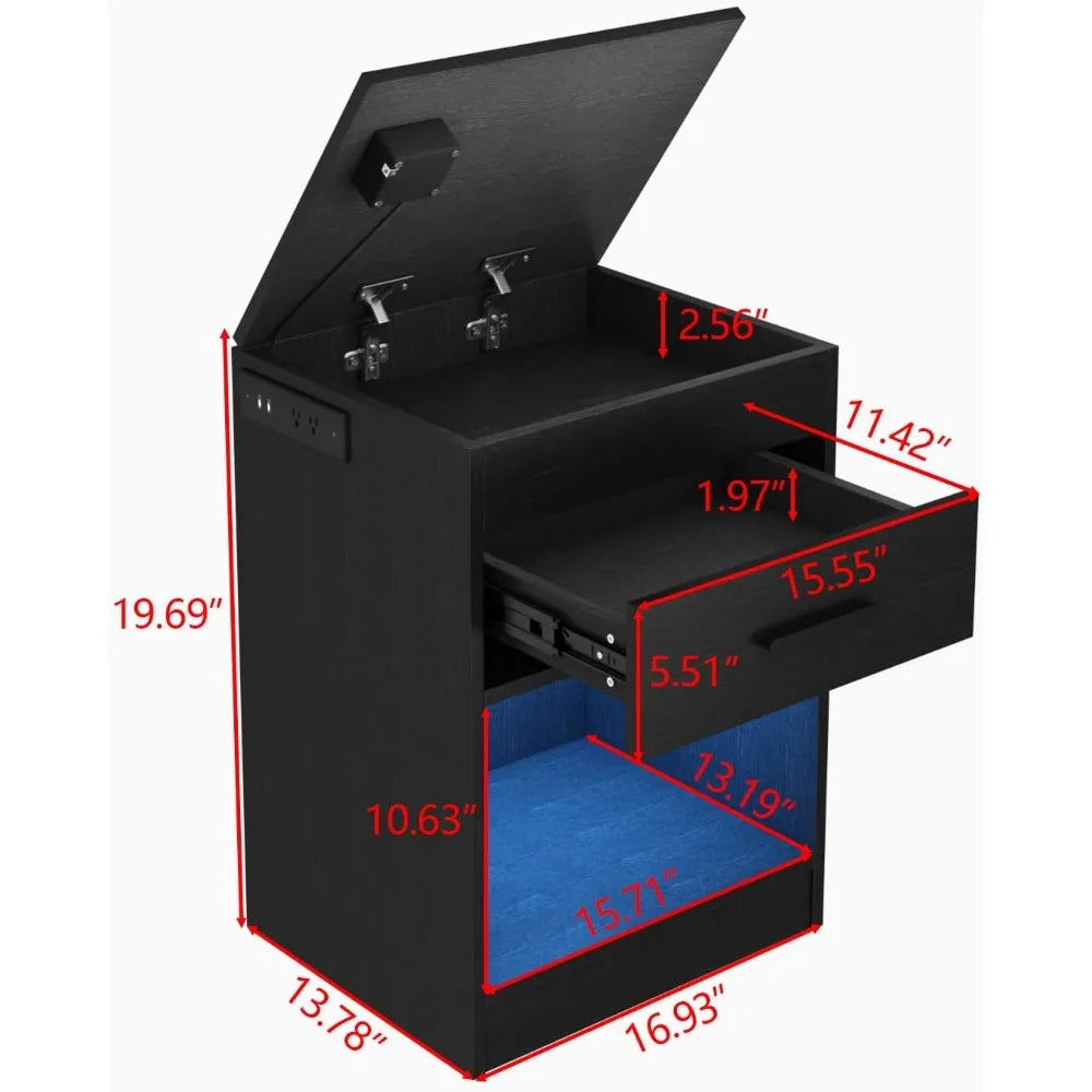 Nightstand with Charging Station and LED Lights, Concealment Furniture with RFID Lock Cabinet and Power Outlets, Bedside Table w