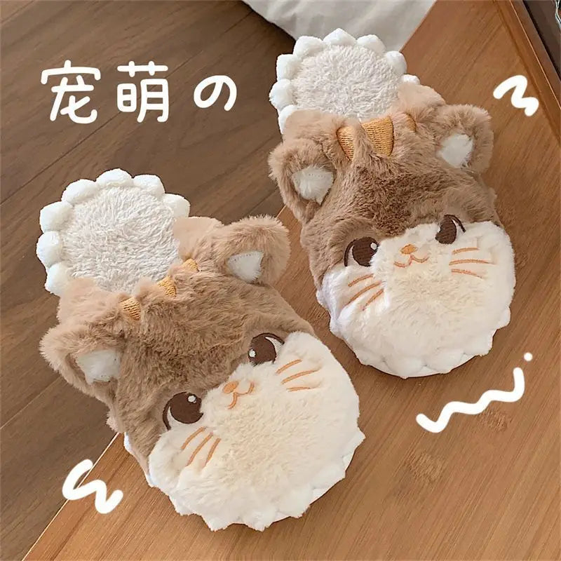 Cuddly Hug Cat Slippers Women Winter Home Fur Slides Kawaii Floor Shoes Furry Slippers Girl Kitty Mules Funny Cute Gift Slippers
