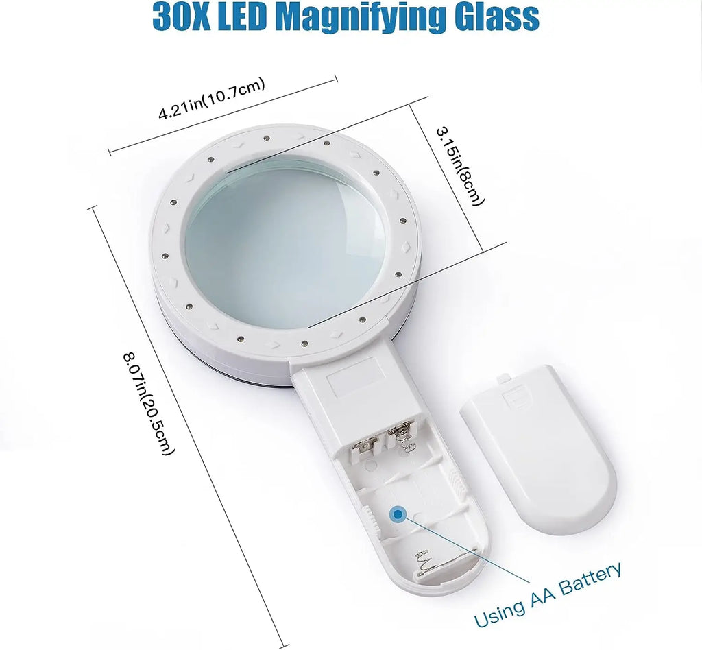 Handheld 30x Magnifying Glass 12 LED Lights Jewelry Illuminated Double Glass Lens Magnifier For Seniors Reading Watch Repair
