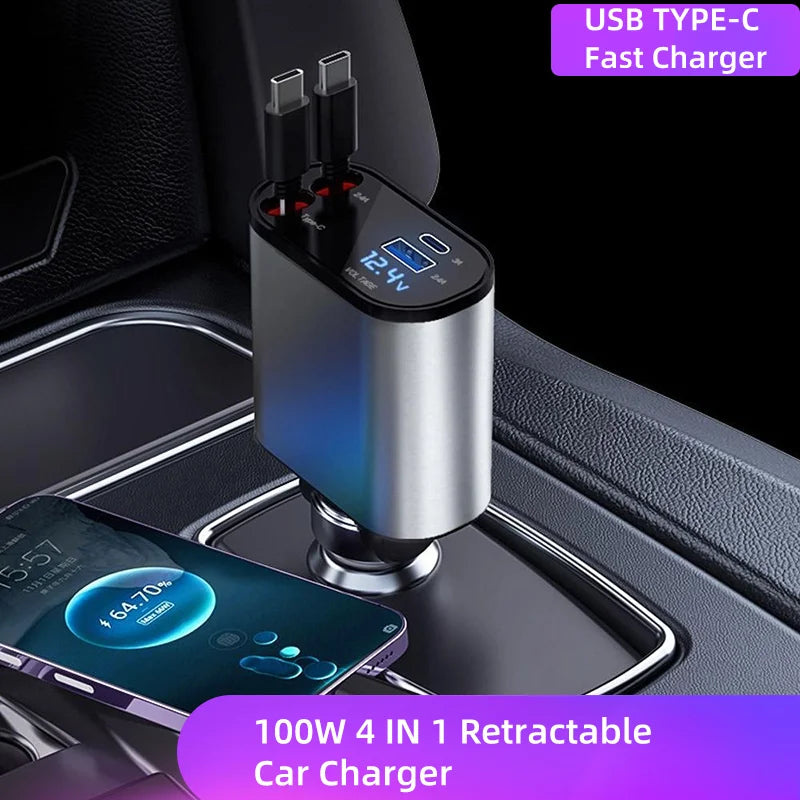 100W 4 IN 1 Retractable Car Charger USB Type C Cable For IPhone Fast Cord Cigarette Lighter Adapter X4W3