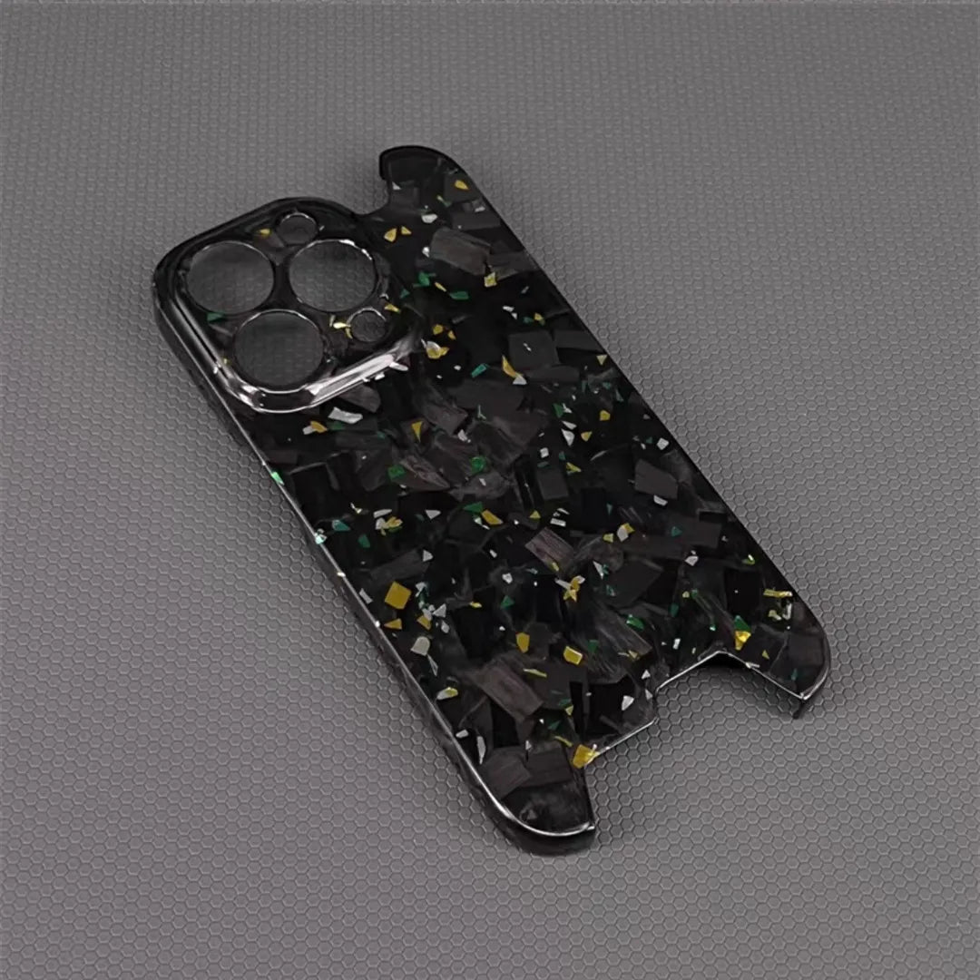 Glossy Forged Ultra Thin Genuine Pure Carbon Fiber Cover For iPhone 15 14 16 Pro Max Glitter Bling Irregular Shockproof Case