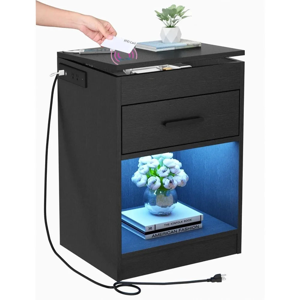 Nightstand with Charging Station and LED Lights, Concealment Furniture with RFID Lock Cabinet and Power Outlets, Bedside Table w