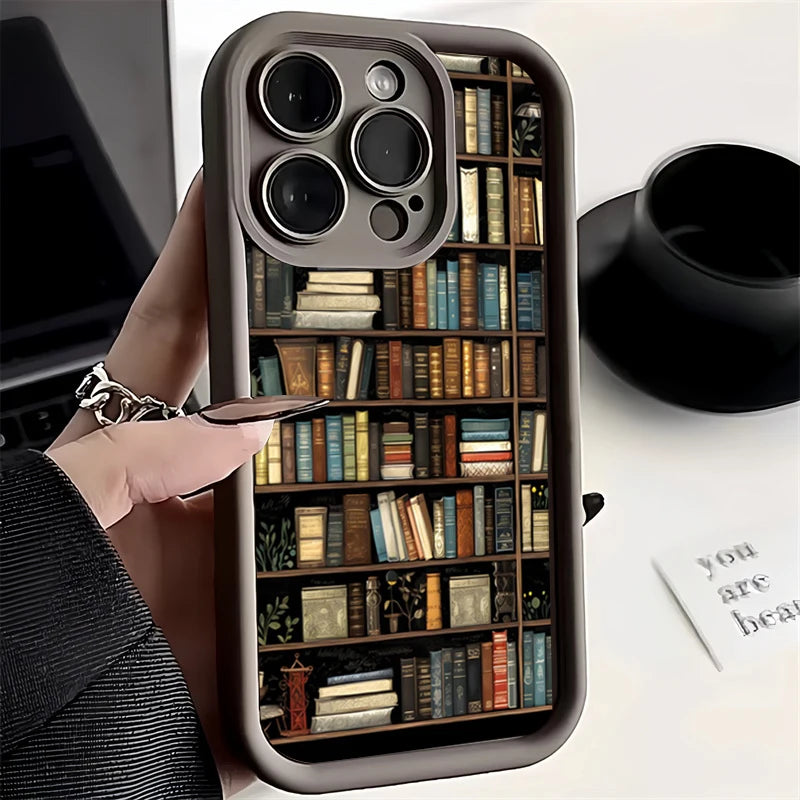 Creative Bookshelf Phone Case for iPhone 16 15 14 13 12 11 Pro Max Mini XR XS X 7 8 6 6s Plus Soft TPU Back Cover