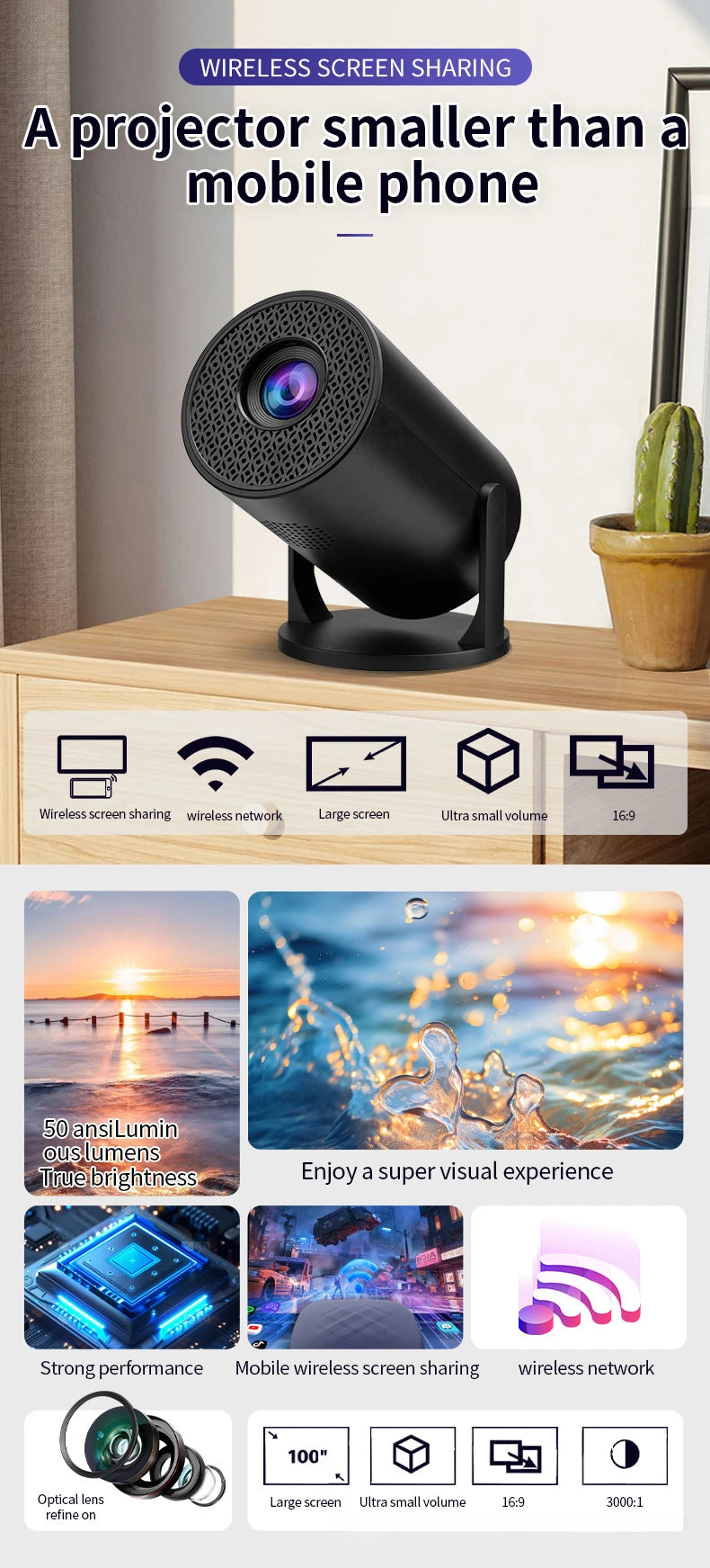 HY300 Mini portable 4k projector 1080P android Smart home  movie theater projectors bluetooth and wifi