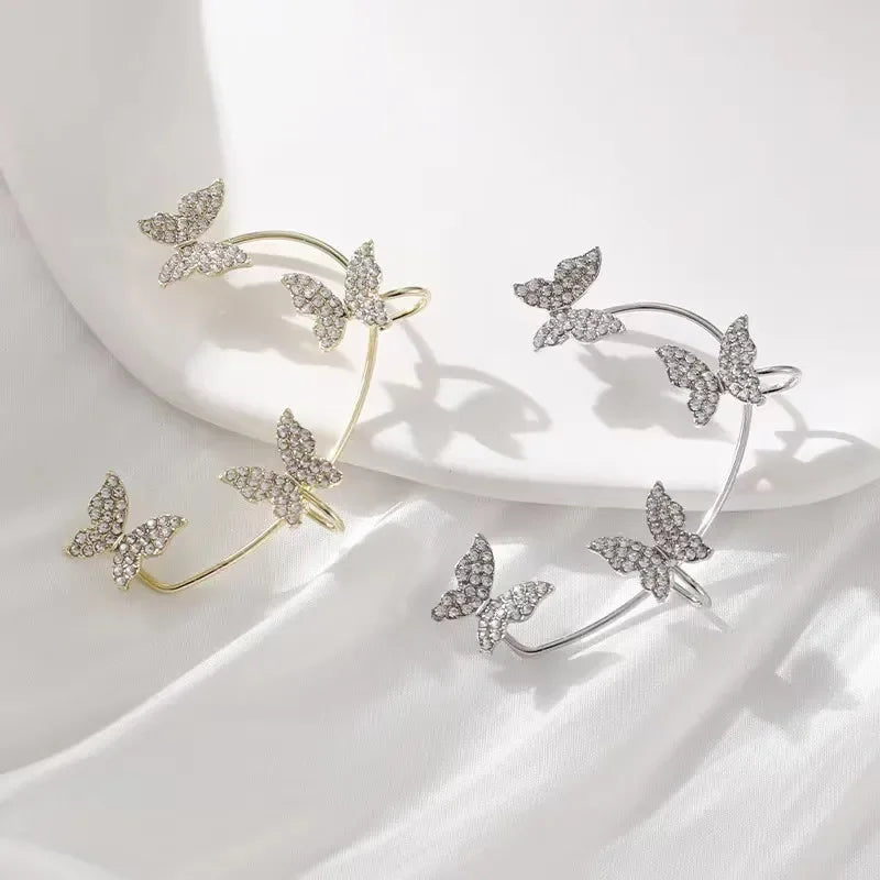 Gold Silver Color Metal Butterfly Ear Clips Without Piercing for Women Sparkling Zircon Ear Cuff Clip Earrings Wedding Jewelry