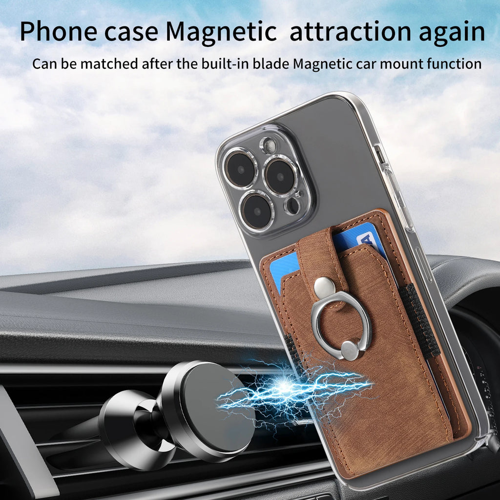Phone Holder Wallet Case Card Slot Holder PU Leather Back Sticker Adhesives With Ring Stand For Mobile Phone iPhone Samsung