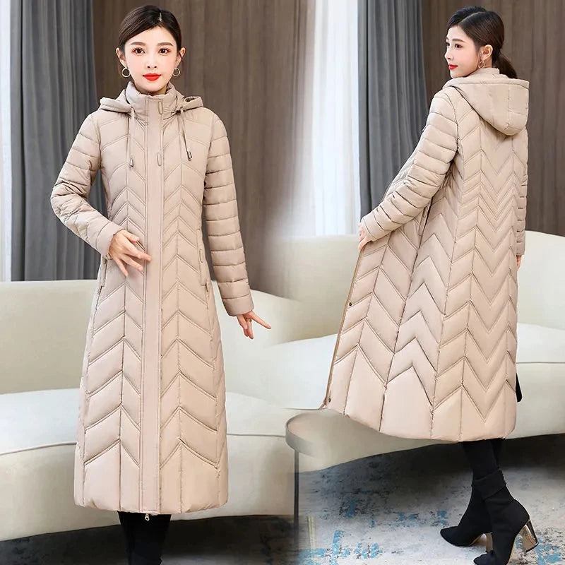 2025 NEW Winter Hooded Down Jacket 5XL Women's Warm Parka Fashion Down Cotton Women Long Coat Slim Temperament Female Overcoat