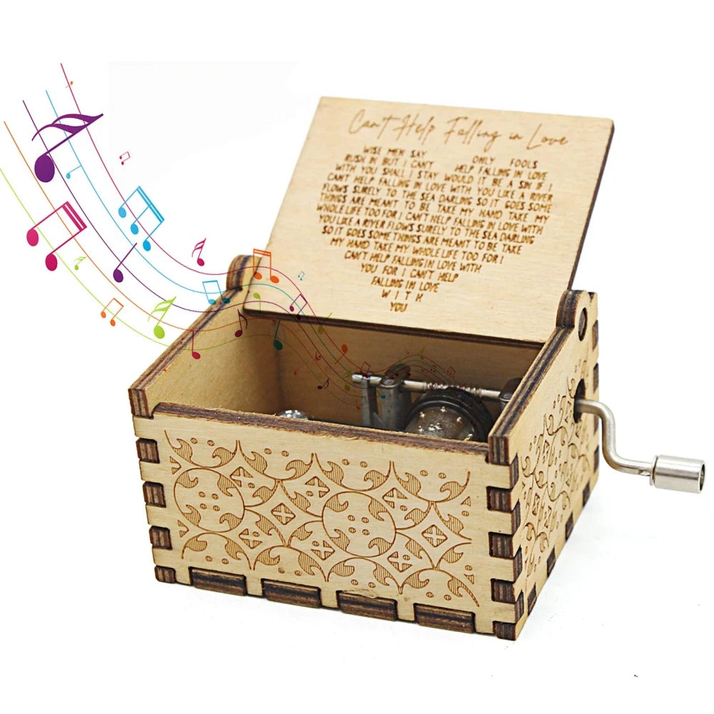 Vintage Engraving Wooden Music Box Hand-cranked Music Box Can't Help Falling in Love Music Box Wife Birthday Valentines Day Gift