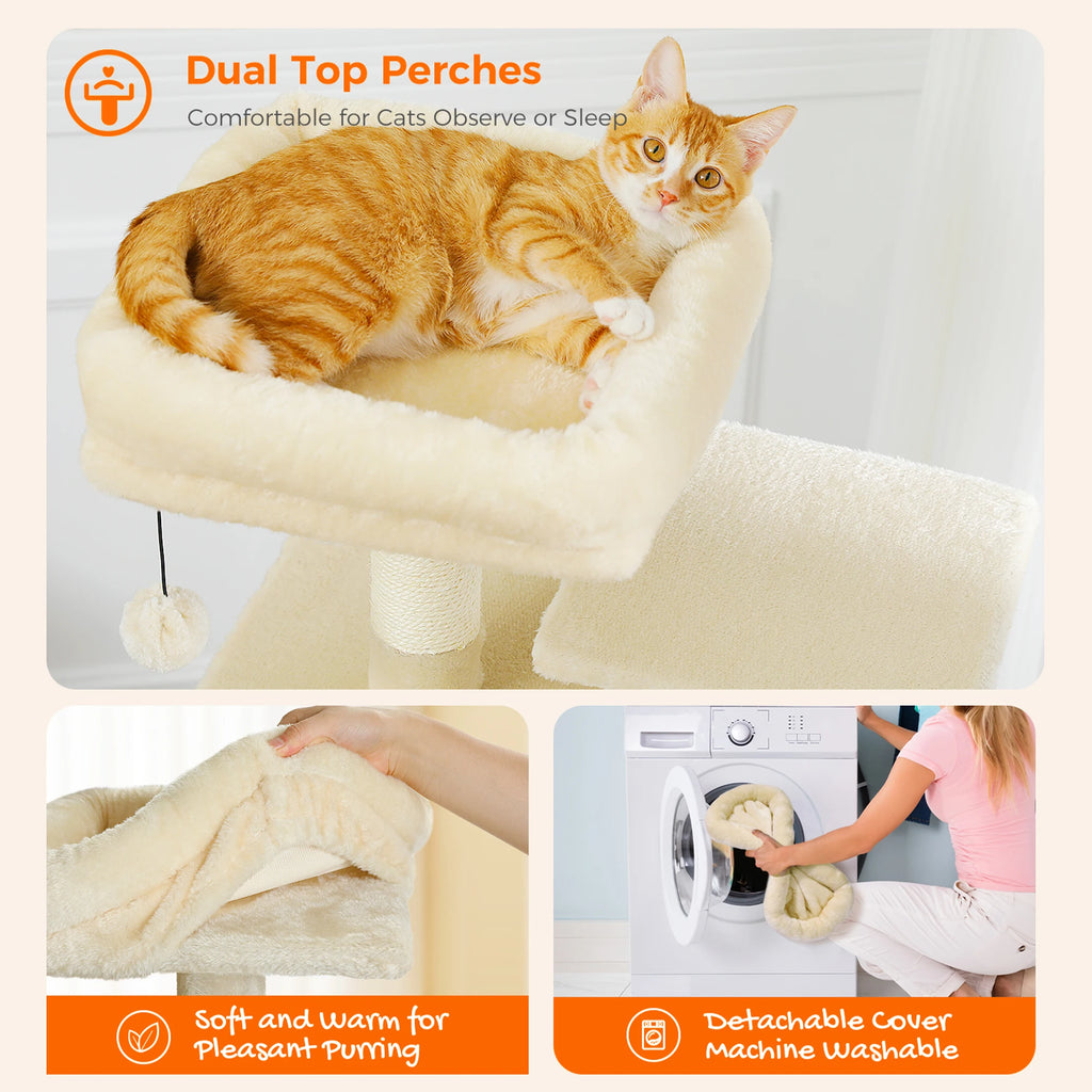 6-levels Cat Tree Tower with Joyful Pompom,Cozy Hammock,Double Condos,2 Top Perches,5 Scratching Posts Perfect for Indoor Cats