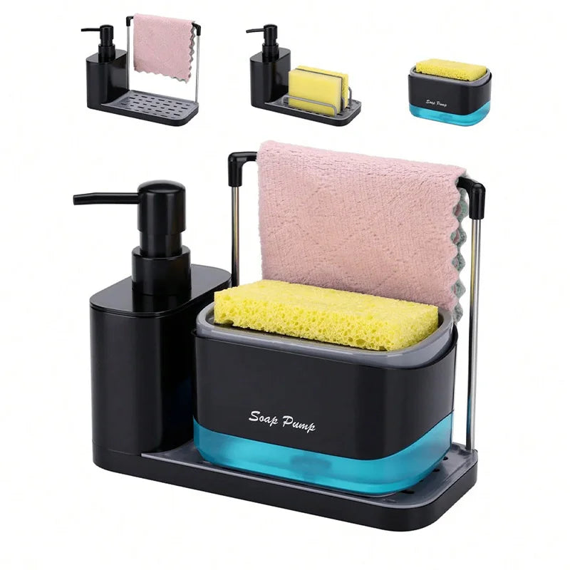 Multi-Functional Kitchen Soap Dispenser Hand Dish Soap Dispenser with Dual Soap Dispensers Sponge and Dishcloth Holders Tray