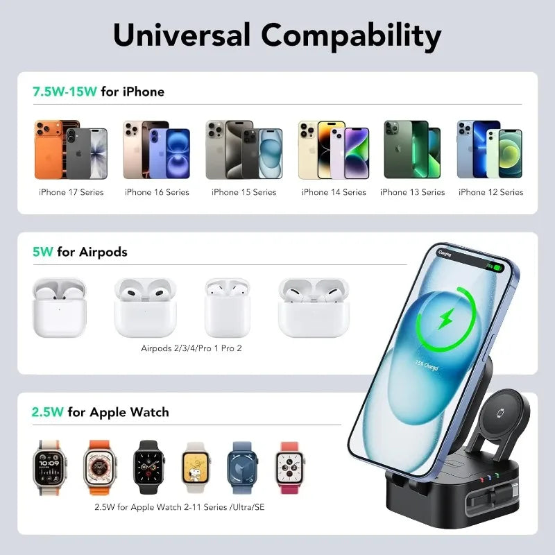 Magnetic 3 in 1 Wireless Charger Station With Extension Cords for iPhone 17 16 15 14 13 12 iWatch 11-2 Airpods Pro Fast Charging