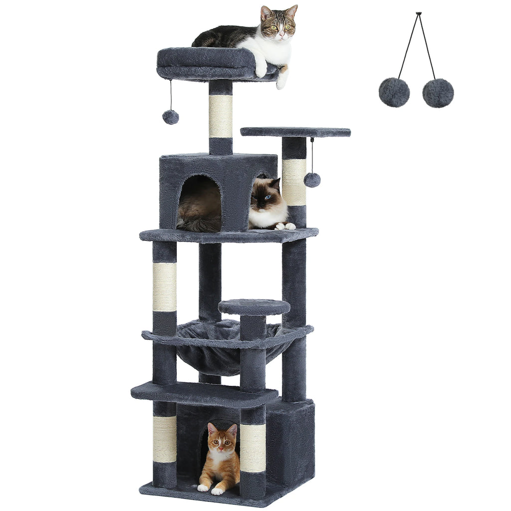 6-levels Cat Tree Tower with Joyful Pompom,Cozy Hammock,Double Condos,2 Top Perches,5 Scratching Posts Perfect for Indoor Cats