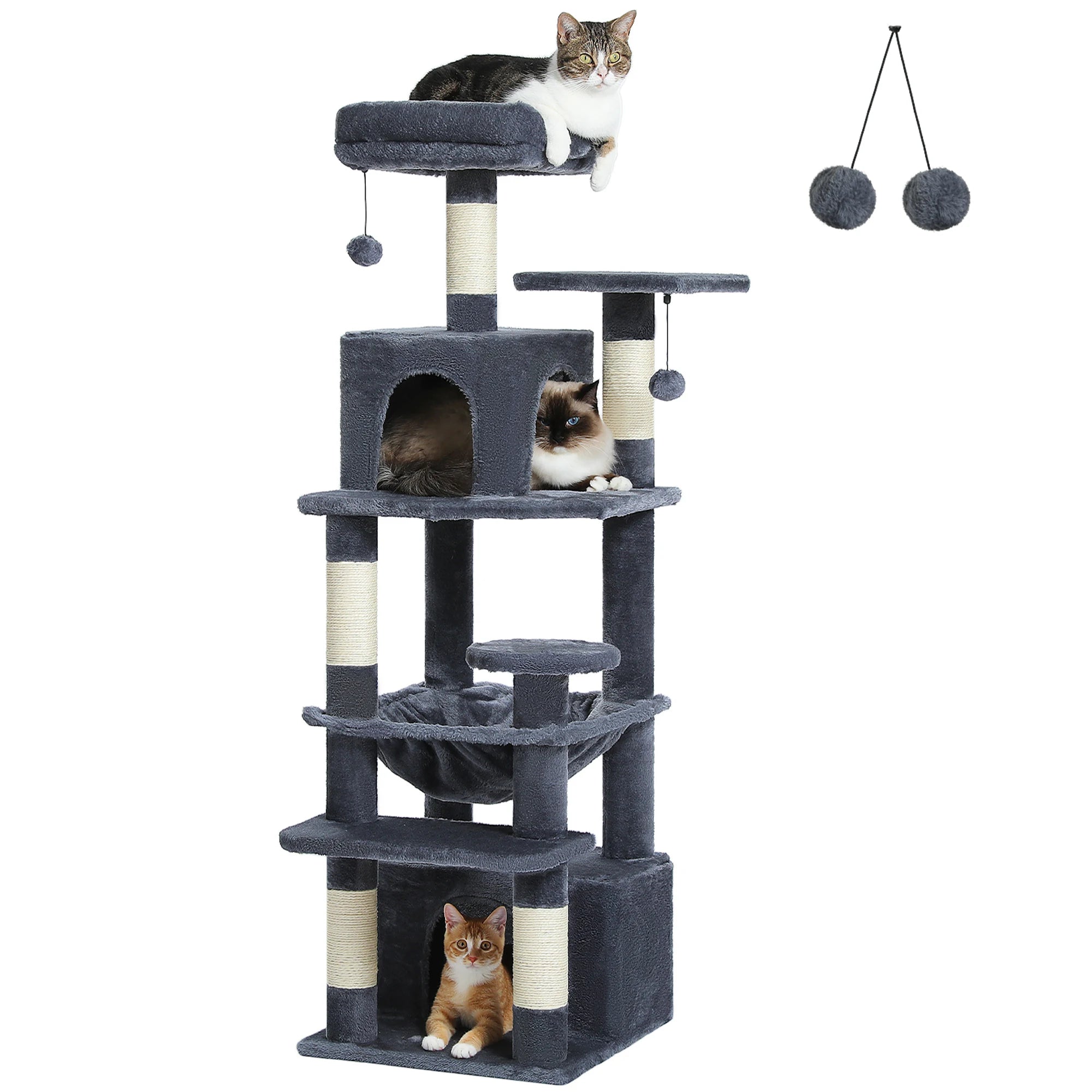 6-levels Cat Tree Tower with Joyful Pompom,Cozy Hammock,Double Condos,2 Top Perches,5 Scratching Posts Perfect for Indoor Cats