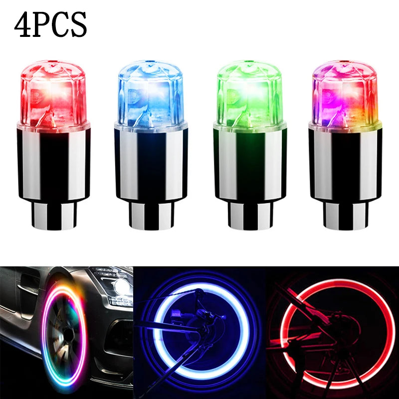 4Pcs Colorful LED Wheel Lights Car Tire Valve Caps Neon Light Bulb Universal Car Motorcycle Bicycle Valve Cover Auto Exterior