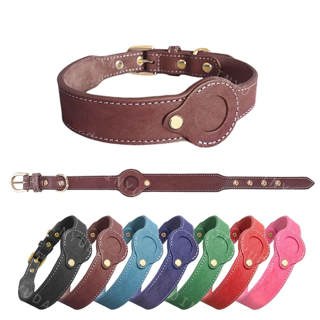 Leather AirTag dog Collar Genuine and Heavy Duty handmade pet collar with Air Tag Holder Lightweight GPS Pet Collars
