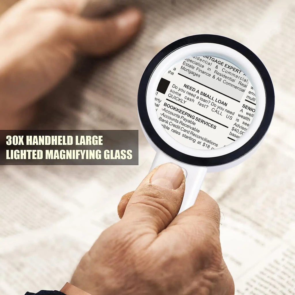 Handheld 30x Magnifying Glass 12 LED Lights Jewelry Illuminated Double Glass Lens Magnifier For Seniors Reading Watch Repair
