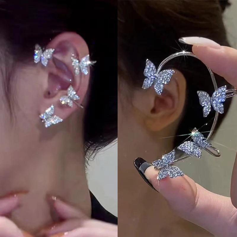 Gold Silver Color Metal Butterfly Ear Clips Without Piercing for Women Sparkling Zircon Ear Cuff Clip Earrings Wedding Jewelry