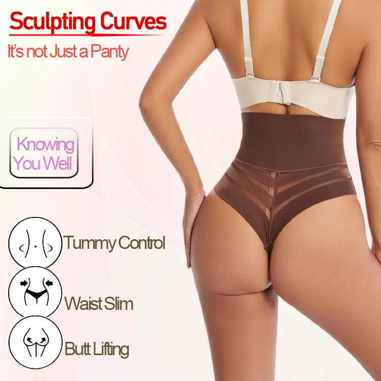 Women's High Waist Thong Style Shapewear Tummy Control Waist Trainer Hip Lift Body Shaping Pants Plus Size Striped Mesh Thong