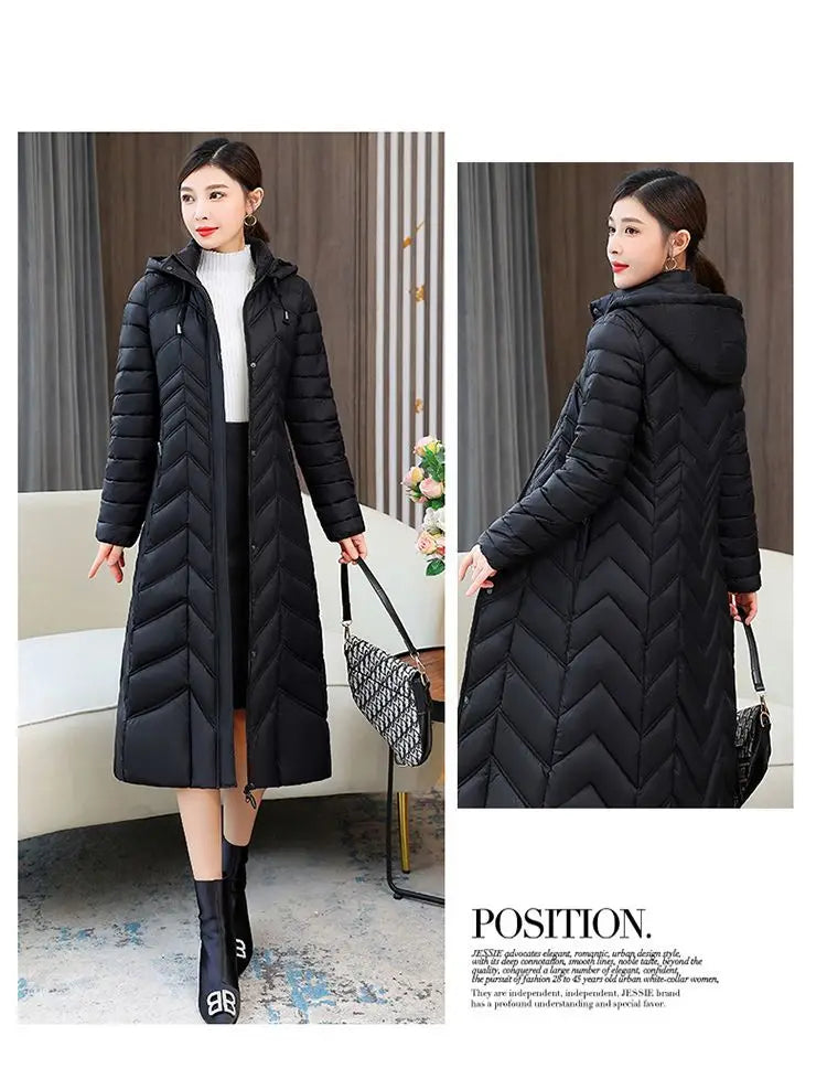 2025 NEW Winter Hooded Down Jacket 5XL Women's Warm Parka Fashion Down Cotton Women Long Coat Slim Temperament Female Overcoat
