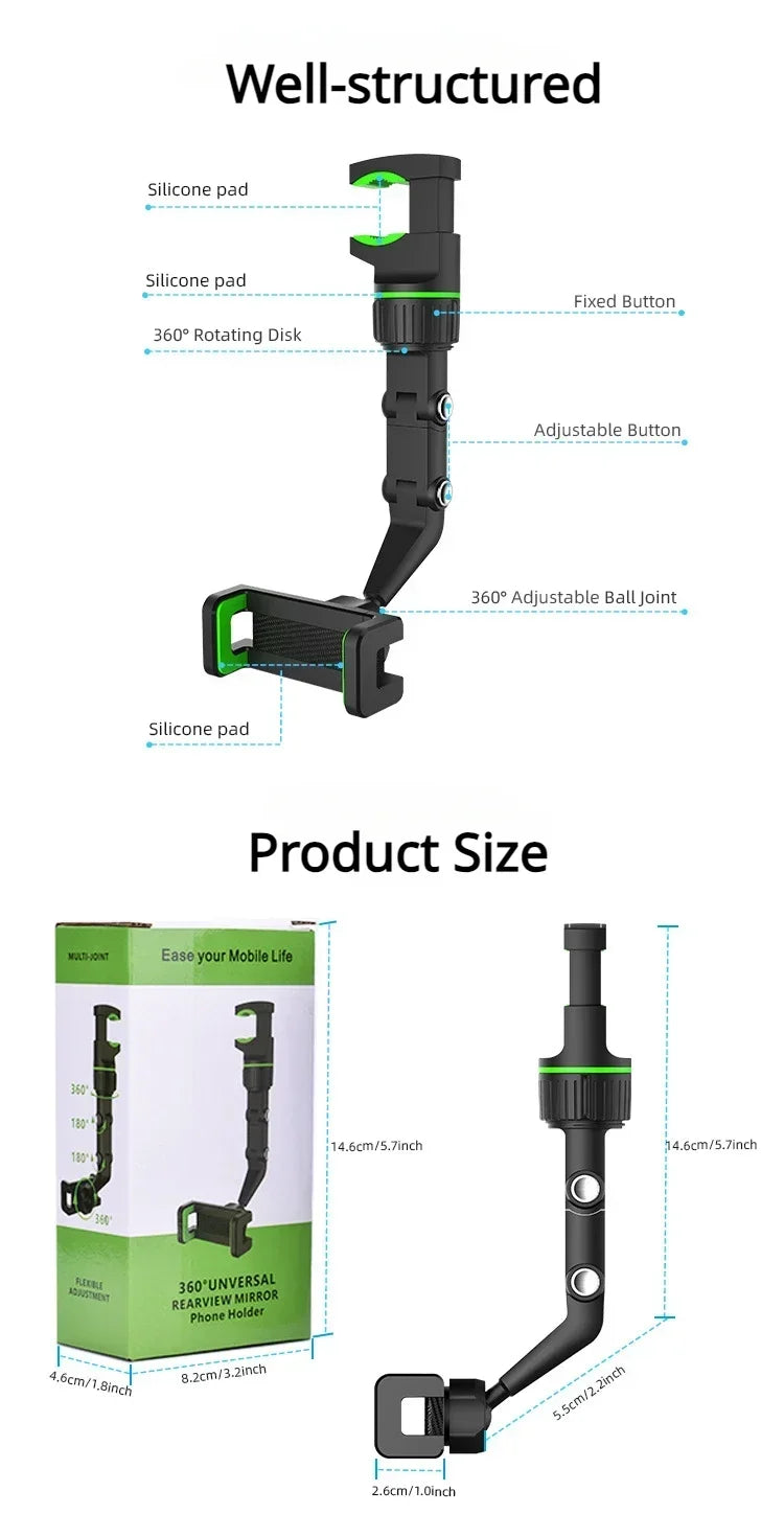 Rearview Mirror Phone Holder for Car - Multifunctional Car Phone Mount, Universal Cellphone Mount for Almost All Cell Phone &Car