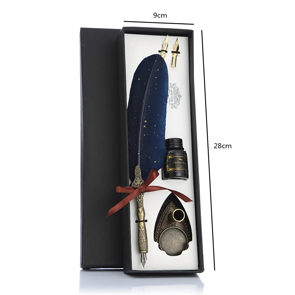 1 Set Retro Calligraphy Feather Dip Pen with 2 Nib Set Quill Fountain Writing Creative Vintage Stationery Gift Box no ink