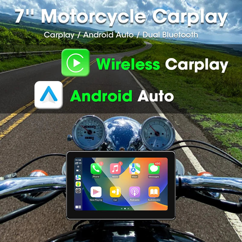 Srnubi 7 Inch Motorcycle Portable Navigation GPS Wireless Carplay Android Auto IP67 Waterproof Motorcycle Touch Screen Display