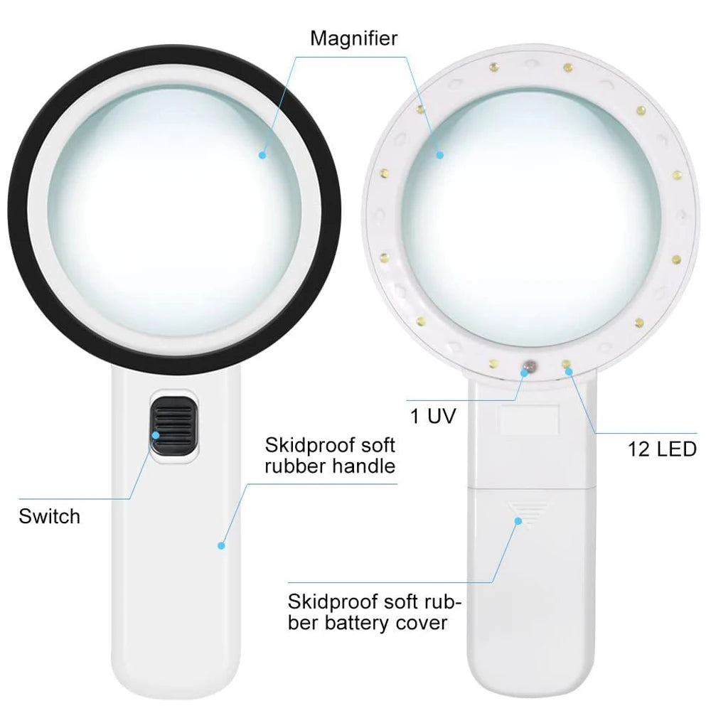 Handheld 30x Magnifying Glass 12 LED Lights Jewelry Illuminated Double Glass Lens Magnifier For Seniors Reading Watch Repair