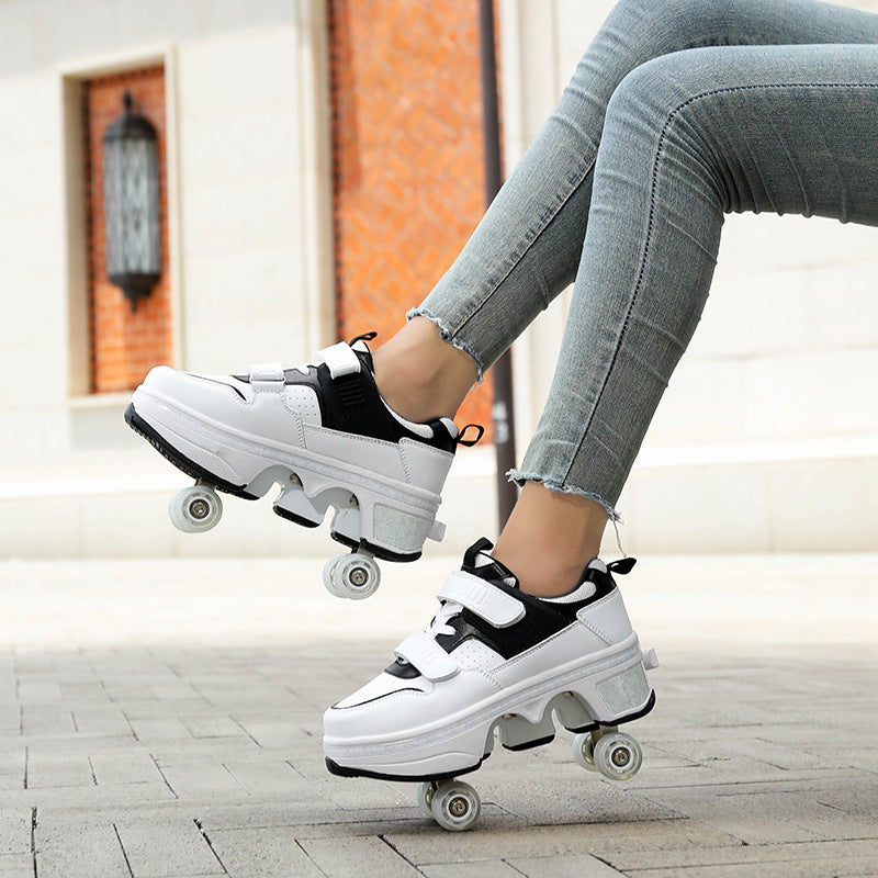 Kid Deform Roller Skate Shoes With 2/4 Wheels Runaway Parkour Deformation 4-Wheel Skates Sneakers For Women Men Youth Adult Gift