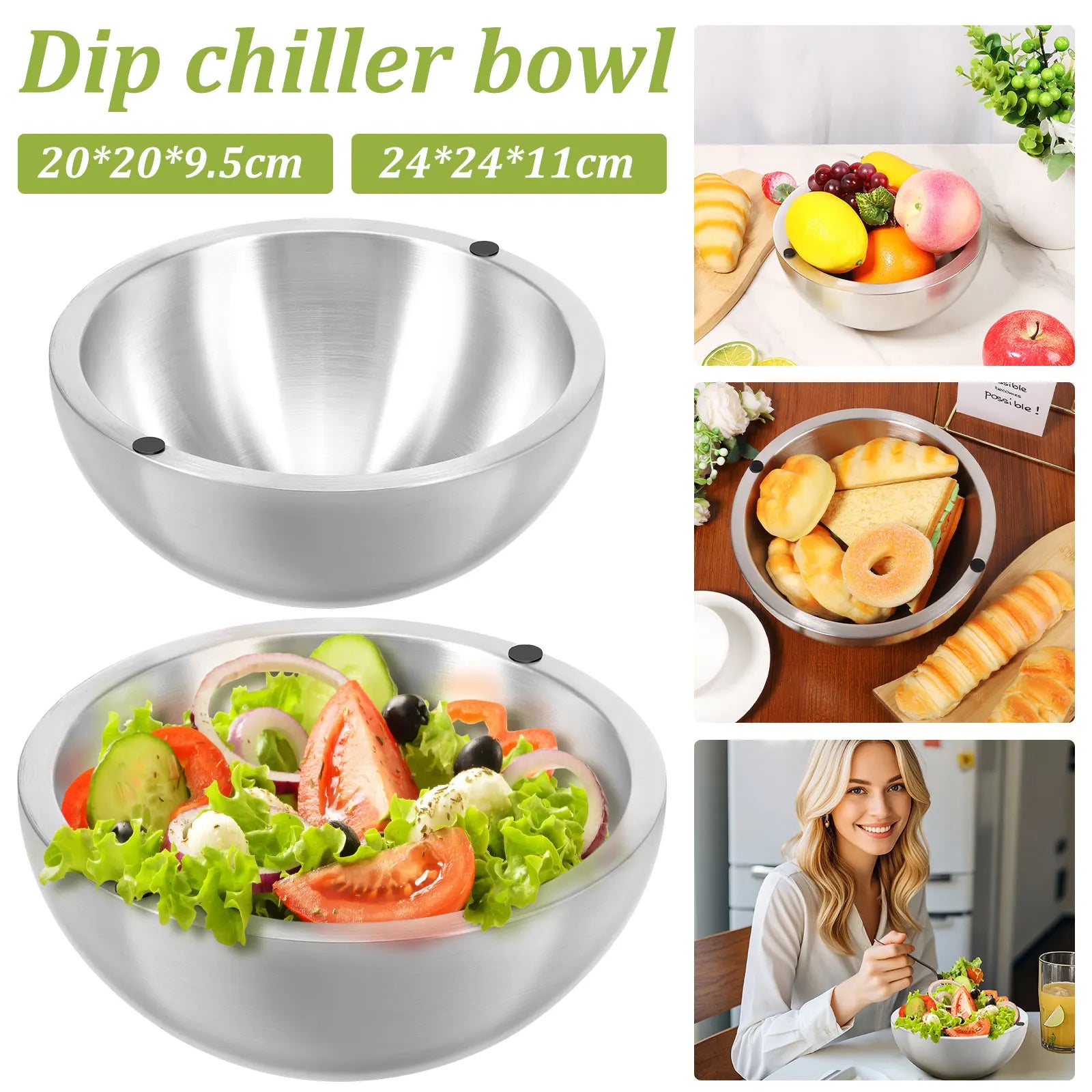 Stainless Steel Dip Chiller Bowl Serving Bowls with Double Walled Ice Cavity Insulated Etch Resistant Robust Long Service Life